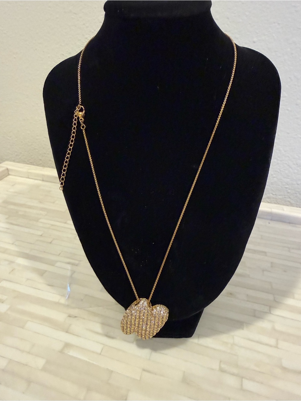 Sparkling Gold Double Heart Pendant Necklace - Women Jewelry